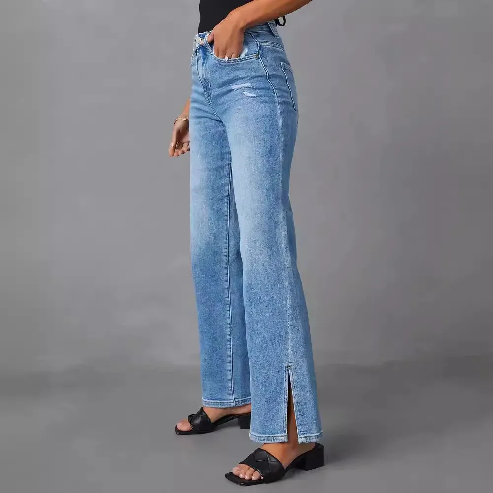 Women Fashion High Waist Stretch Split Straight Leg Jeans - Image 3
