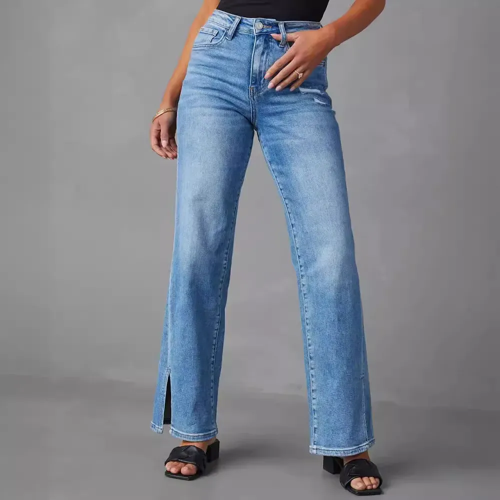 Women Fashion High Waist Stretch Split Straight Leg Jeans - Image 4