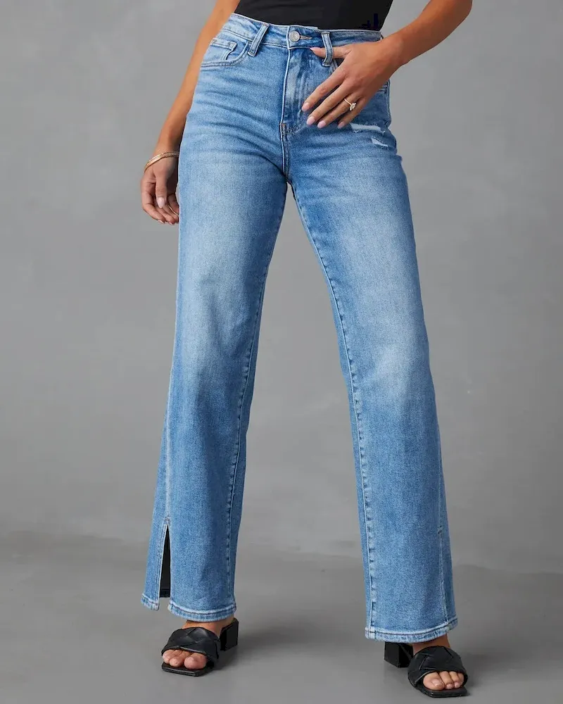 Women Fashion High Waist Stretch Split Straight Leg Jeans - Image 5