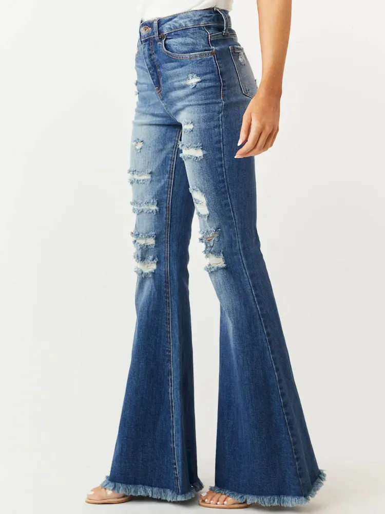 Women Fashion Slim-Fit Stretch Ripped Flared Jeans - Image 3