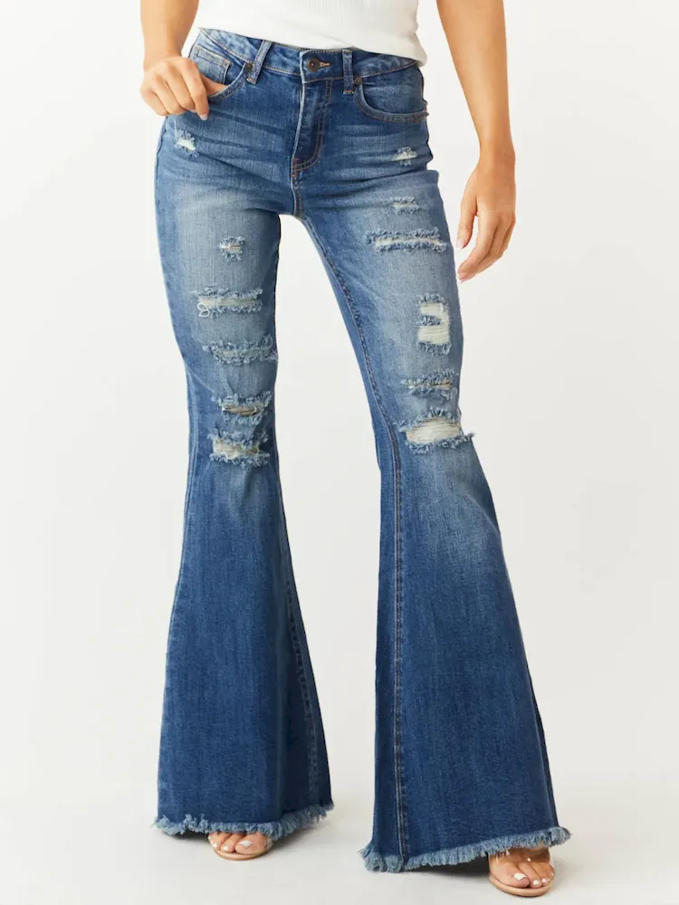 Women Fashion Slim-Fit Stretch Ripped Flared Jeans - Image 5