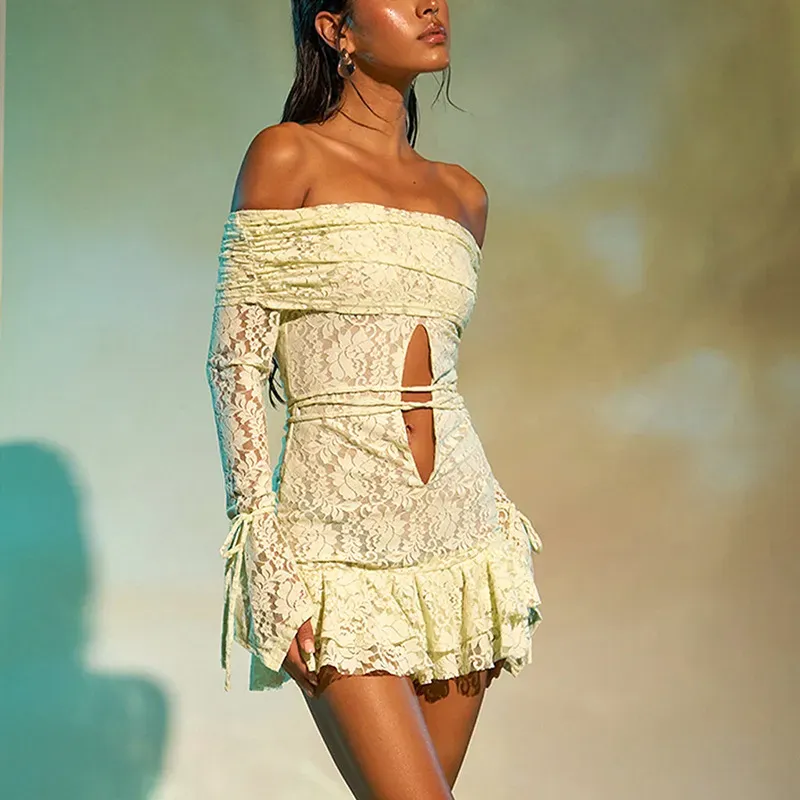 Women Fashion Sexy Solid Color Off Shoulder Mesh Long Sleeve Strap Dress - Image 5