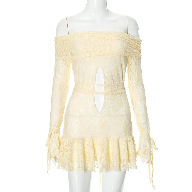 Women Fashion Sexy Solid Color Off Shoulder Mesh Long Sleeve Strap Dress - Image 7