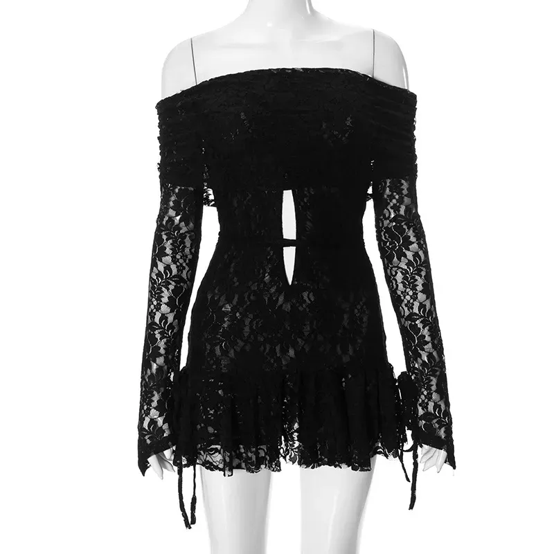 Women Fashion Sexy Solid Color Off Shoulder Mesh Long Sleeve Strap Dress - Image 8