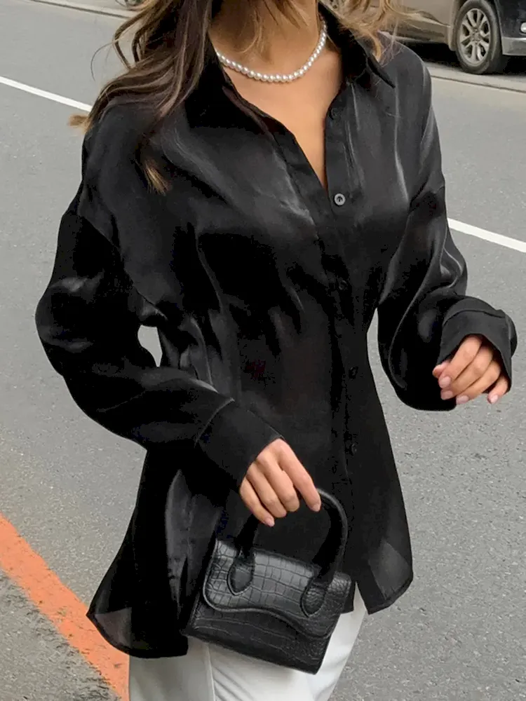 Women Fashion Casual Solid Color Lapel Long Sleeve Shirt - Image 3