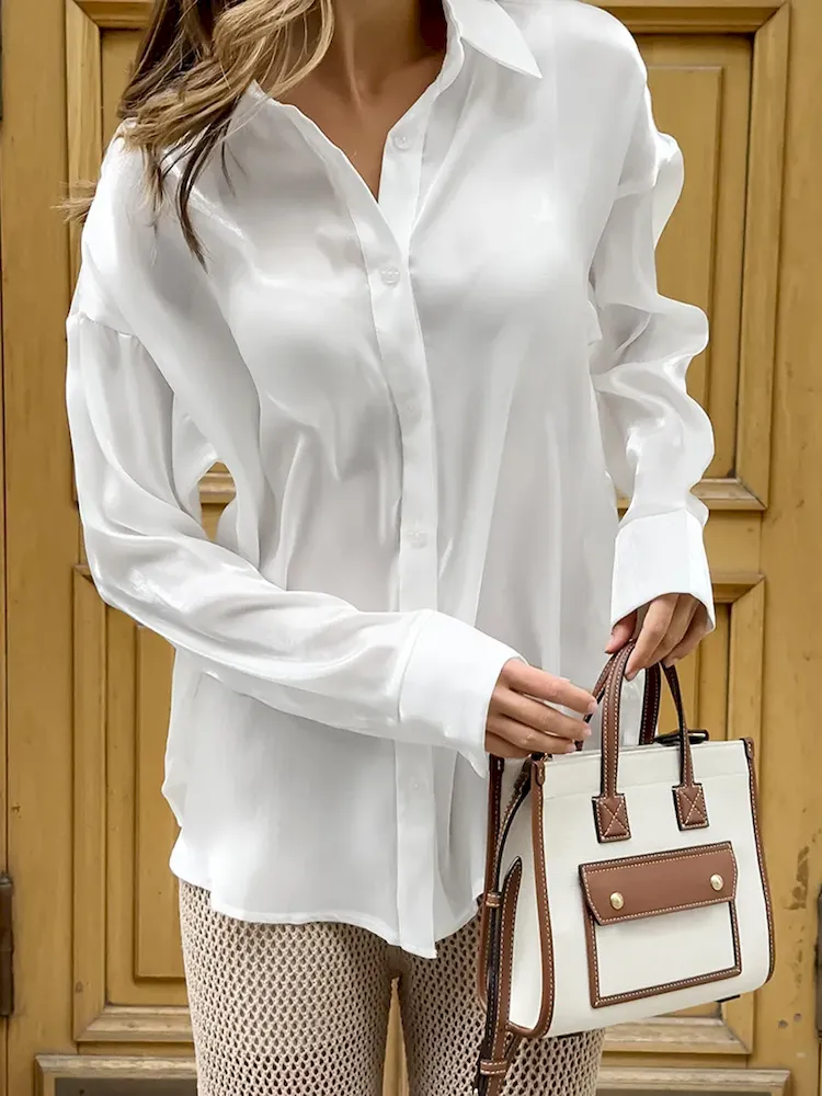 Women Fashion Casual Solid Color Lapel Long Sleeve Shirt - Image 4