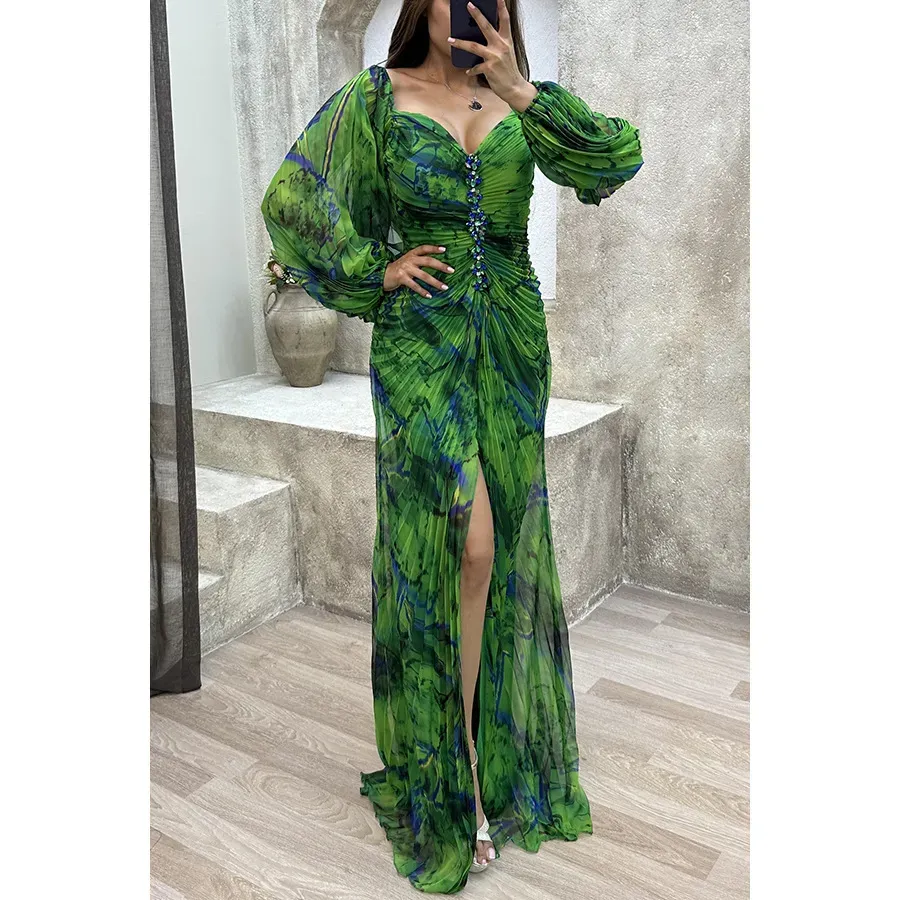 Women Fashion Elegant Pleated Split Long Sleeve Maxi Dress - Image 4