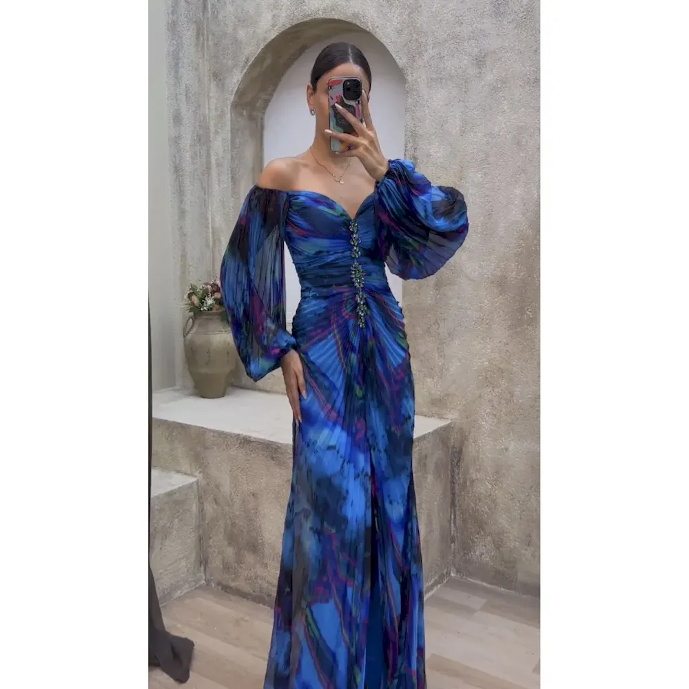 Women Fashion Elegant Pleated Split Long Sleeve Maxi Dress - Image 5