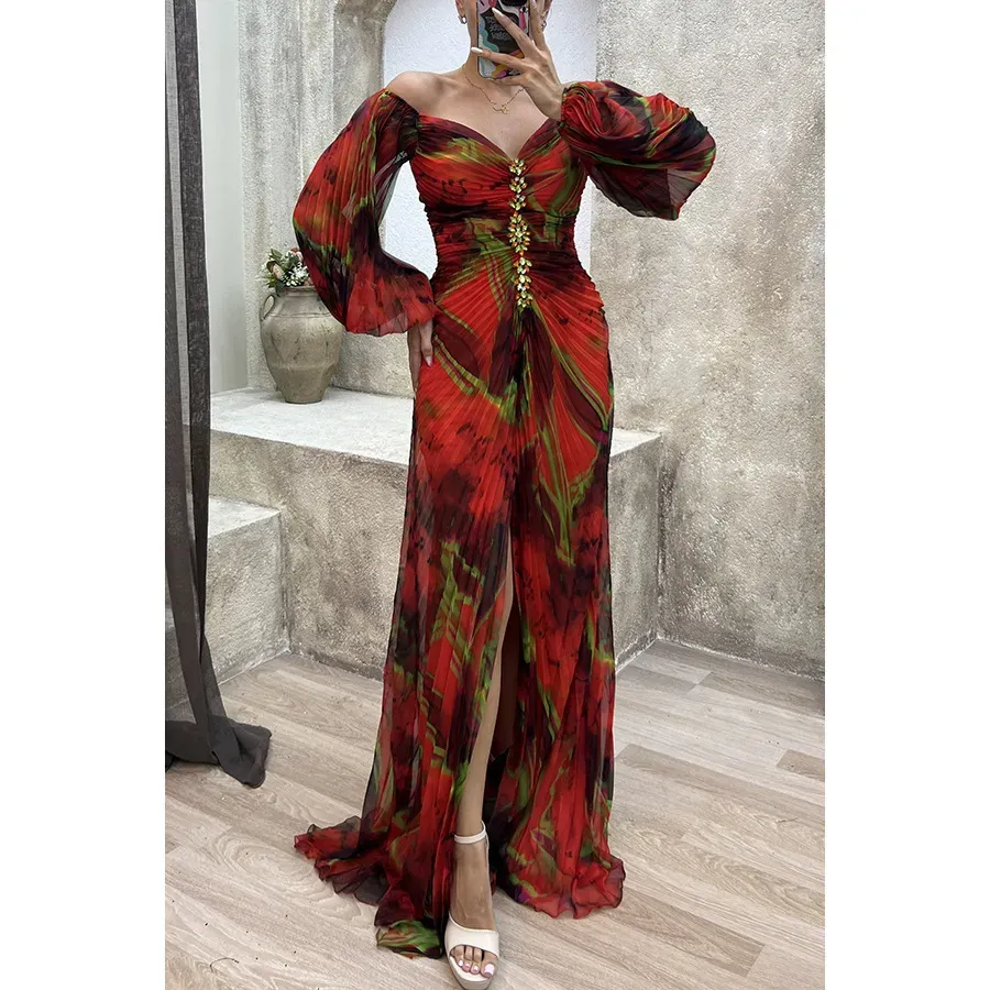 Women Fashion Elegant Pleated Split Long Sleeve Maxi Dress - Image 7
