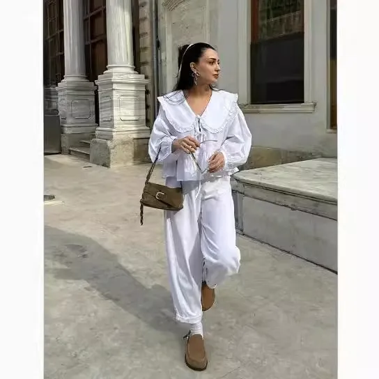 Women Fashion Casual Solid Color Doll Collar Lace Shirt Top - Image 3