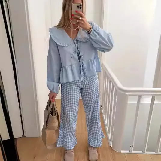 Women Fashion Casual Solid Color Doll Collar Lace Shirt Top - Image 4