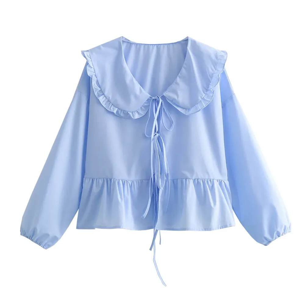 Women Fashion Casual Solid Color Doll Collar Lace Shirt Top - Image 7
