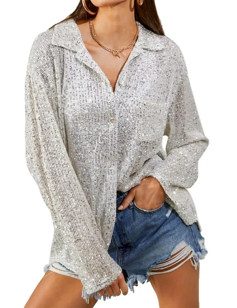Women Fashion V-Neck Sequin Long Sleeve Shirt Top - Image 3