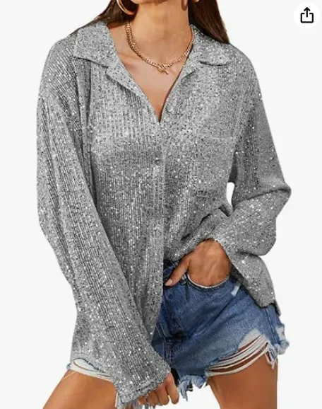 Women Fashion V-Neck Sequin Long Sleeve Shirt Top - Image 6