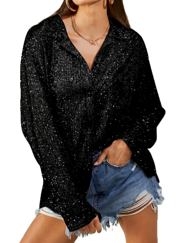 Women Fashion V-Neck Sequin Long Sleeve Shirt Top - Image 7