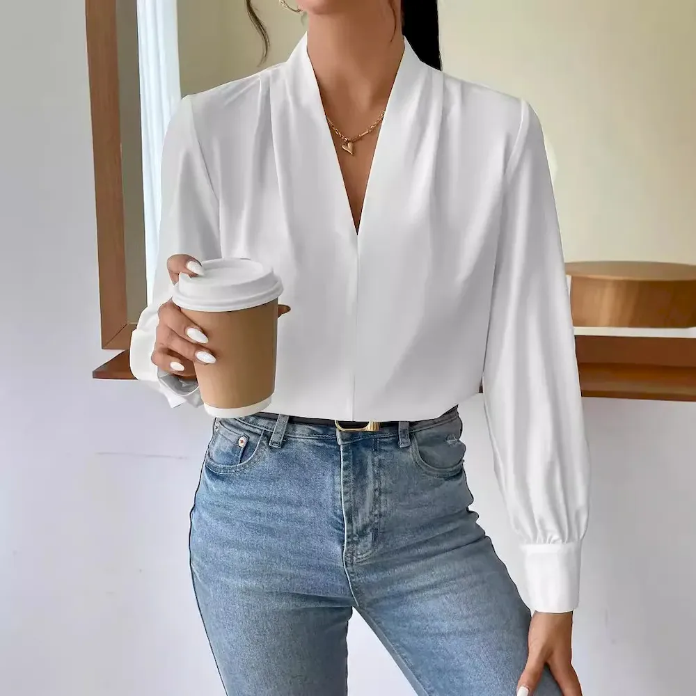 Women Fashion Solid Color V-Neck Long Sleeve Shirt