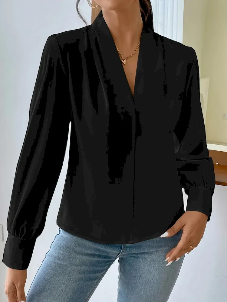 Women Fashion Solid Color V-Neck Long Sleeve Shirt - Image 3