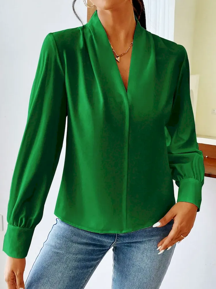 Women Fashion Solid Color V-Neck Long Sleeve Shirt - Image 4