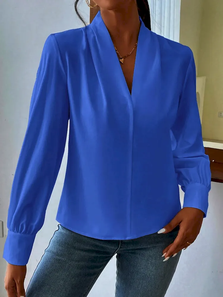 Women Fashion Solid Color V-Neck Long Sleeve Shirt - Image 6