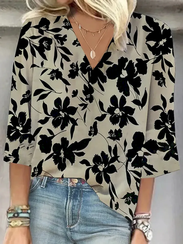Women Fashion Colorful Geometric Floral Print V-Neck Shirt Top - Image 3