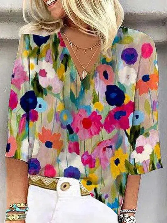 Women Fashion Colorful Geometric Floral Print V-Neck Shirt Top - Image 5