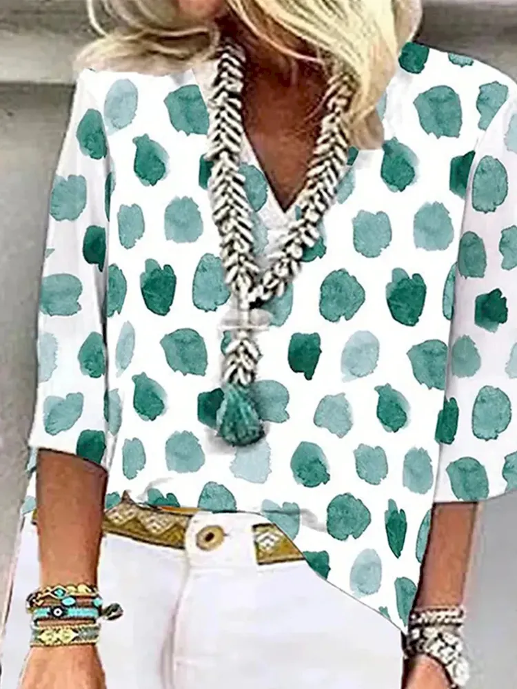 Women Fashion Colorful Geometric Floral Print V-Neck Shirt Top - Image 7