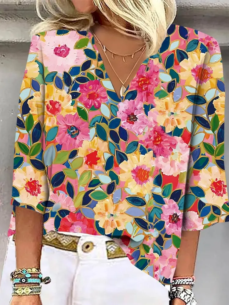 Women Fashion Colorful Geometric Floral Print V-Neck Shirt Top - Image 11