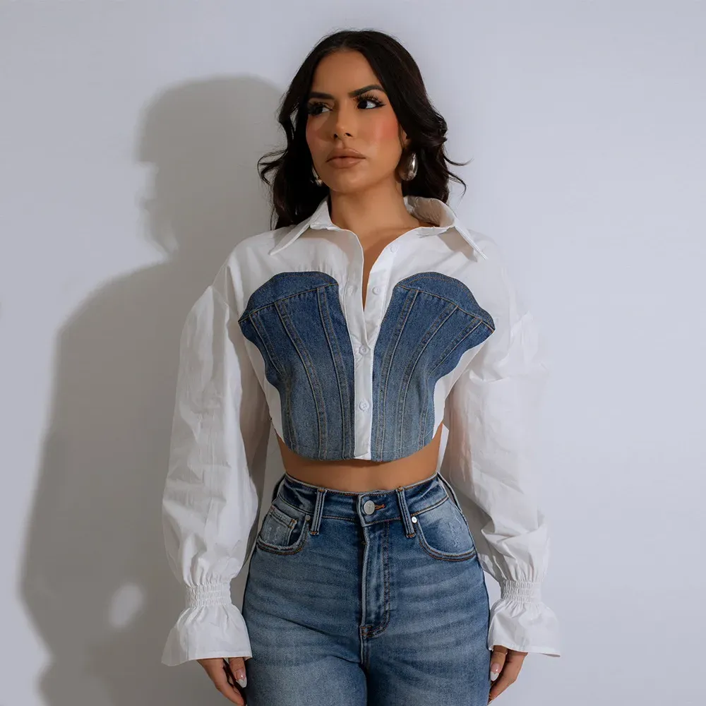 Women Fashion Denim Patchwork Horn Sleeve Crop Shirt Top