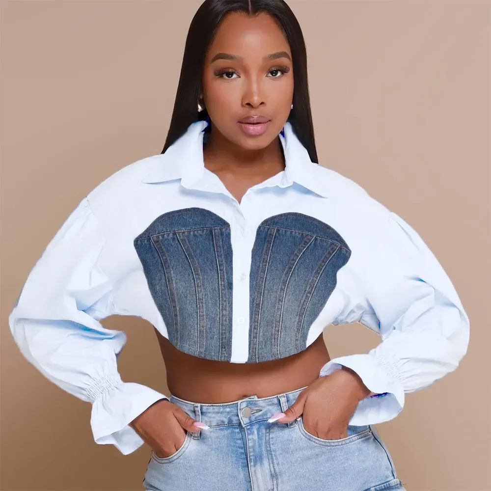 Women Fashion Denim Patchwork Horn Sleeve Crop Shirt Top - Image 3