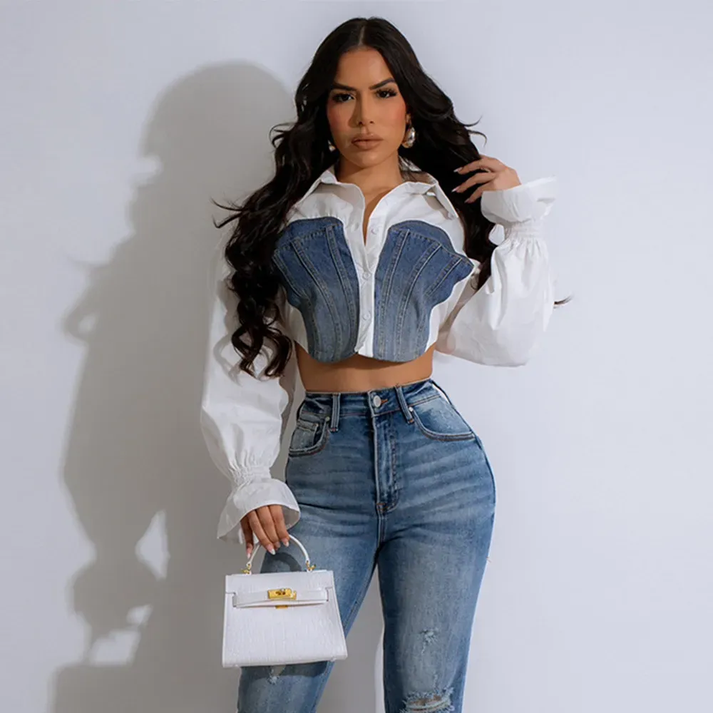 Women Fashion Denim Patchwork Horn Sleeve Crop Shirt Top - Image 4