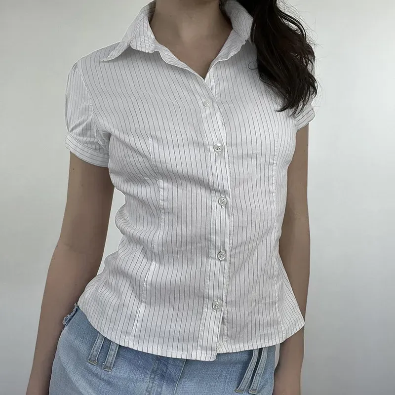 Summer Women Casual Stripe Lapel Short Sleeve Shirt