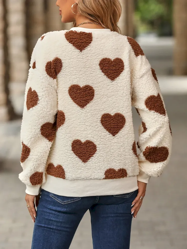 Autumn Winter Women Fashion Plush Heart-Shaped Printed Round Neck Long Sleeve Sweatshirt - Image 5