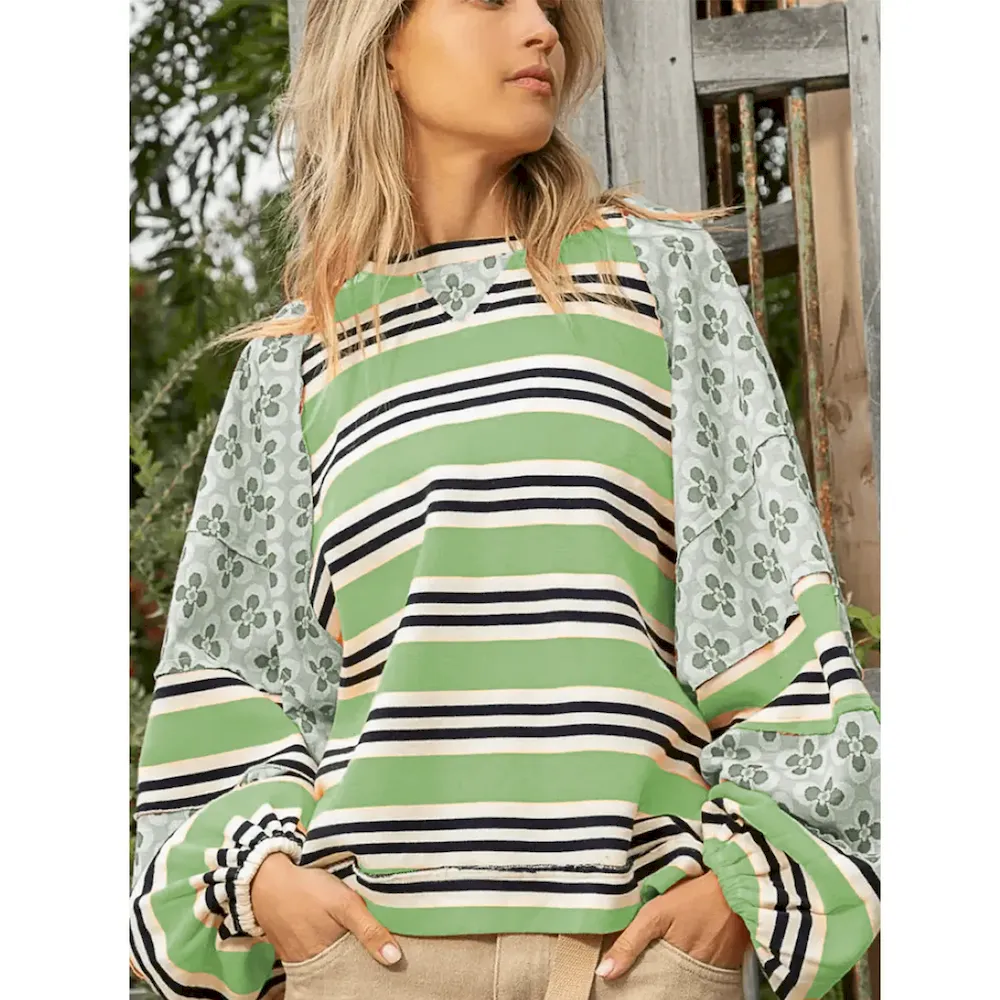 Autumn Winter Women Fashion Stripe Floral Printed Loose Round Neck Long Sleeve Sweatshirt - Image 6