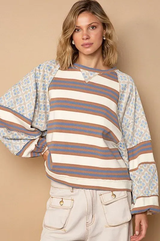 Autumn Winter Women Fashion Stripe Floral Printed Loose Round Neck Long Sleeve Sweatshirt - Image 7