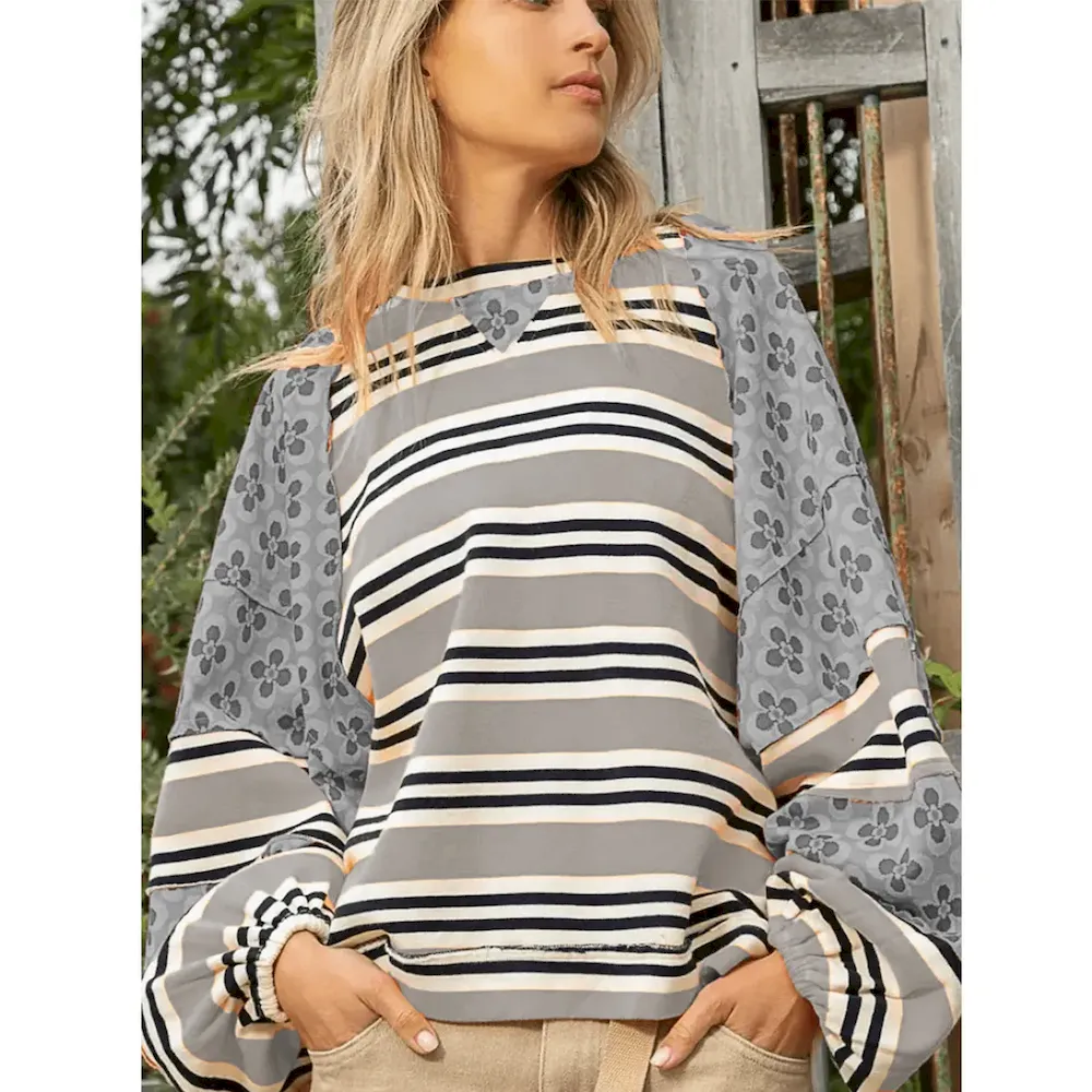 Autumn Winter Women Fashion Stripe Floral Printed Loose Round Neck Long Sleeve Sweatshirt - Image 9
