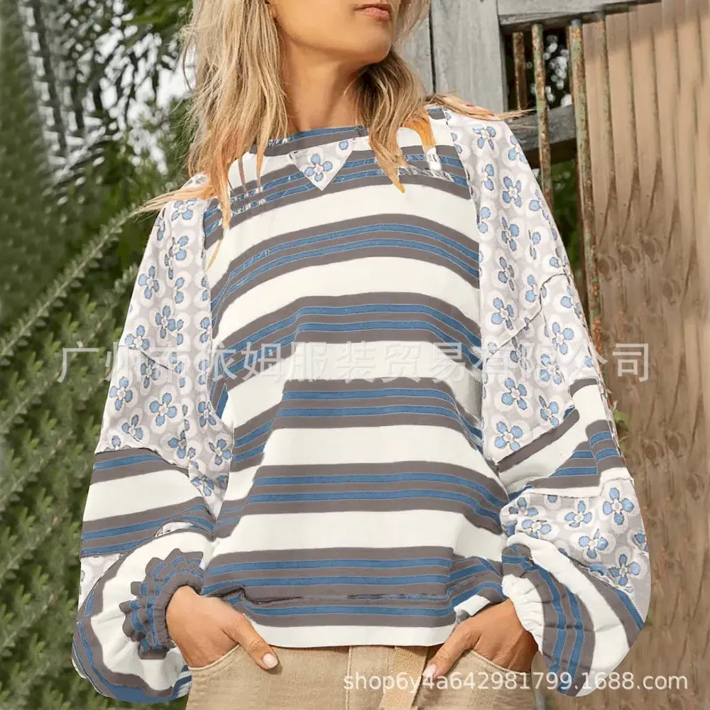 Autumn Winter Women Fashion Stripe Floral Printed Loose Round Neck Long Sleeve Sweatshirt - Image 11