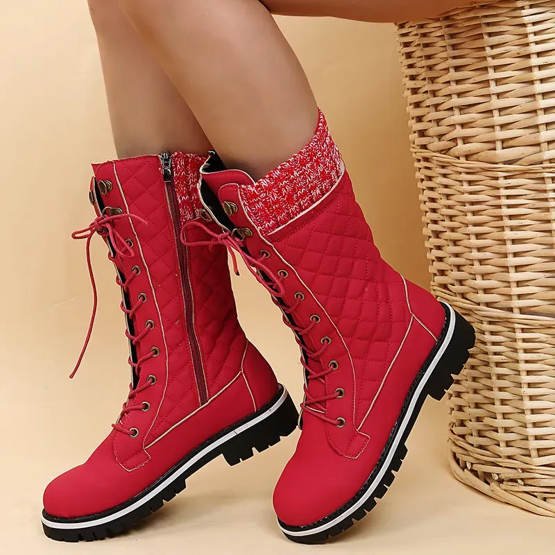 Autumn Winter Women Fashion Plus Size Strap Warm Side Zipper Mid-Calf Boots