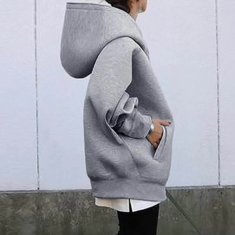 Autumn Winter Women Fashion Loose Fleece-Lined Zipper Long Sleeve Hoodie Jacket - Image 3