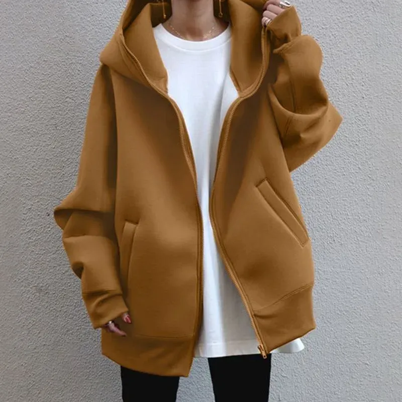 Autumn Winter Women Fashion Loose Fleece-Lined Zipper Long Sleeve Hoodie Jacket - Image 4