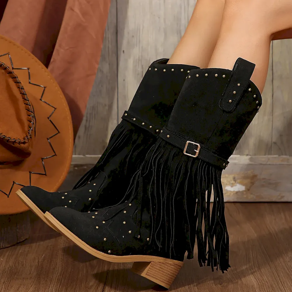 Women Retro Plus Size Rivet Belt Buckle Tassel Mid-Calf Boots - Image 8