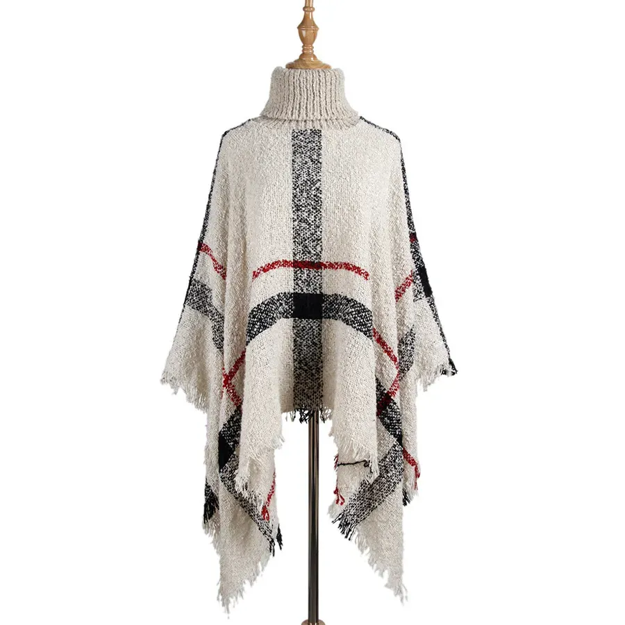 Autumn Winter Women Fashion High Collar Tassel Poncho Loose Knitted Top - Image 3
