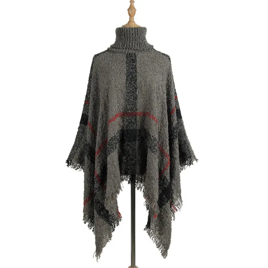 Autumn Winter Women Fashion High Collar Tassel Poncho Loose Knitted Top - Image 4