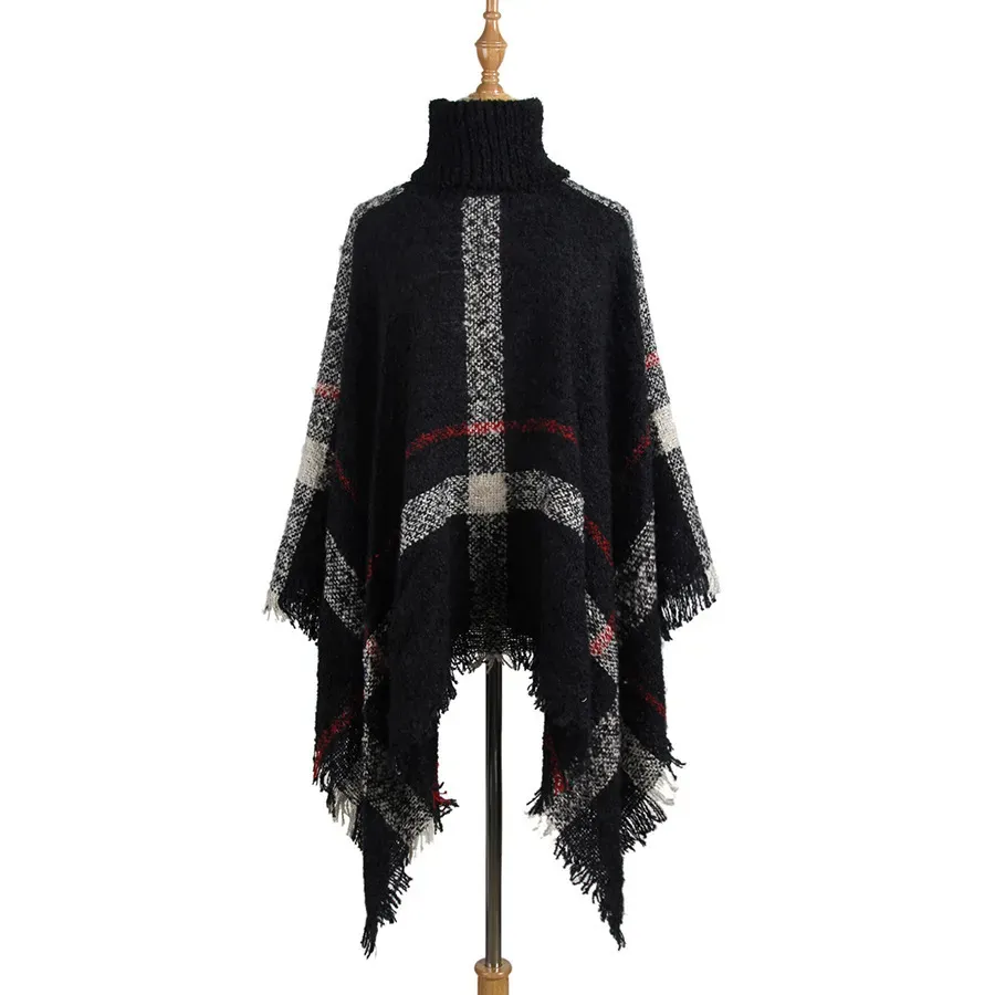 Autumn Winter Women Fashion High Collar Tassel Poncho Loose Knitted Top - Image 5
