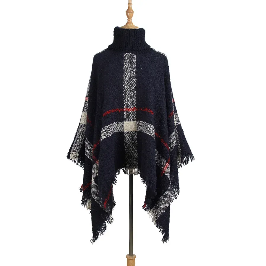 Autumn Winter Women Fashion High Collar Tassel Poncho Loose Knitted Top - Image 7