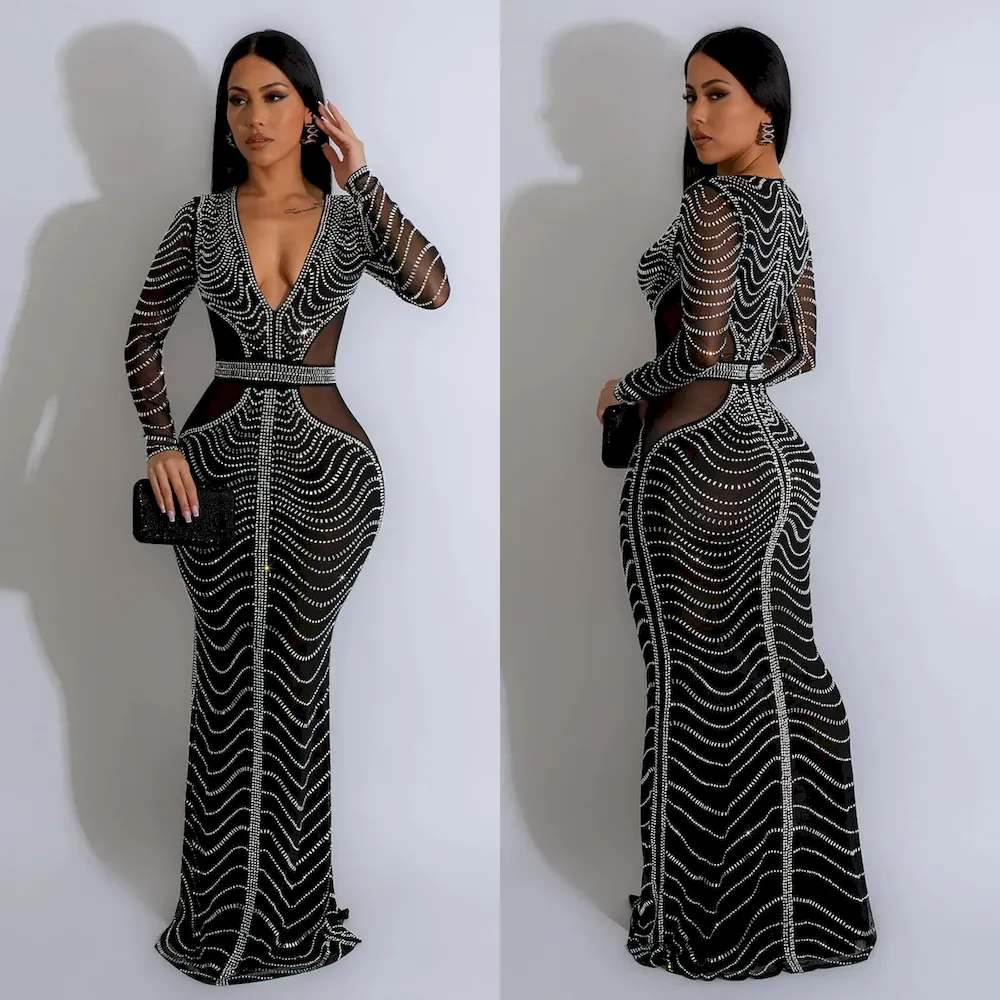 Women Fashion Sexy Deep V Mesh Hot Drilling Long Sleeve Maxi Party Dress - Image 3
