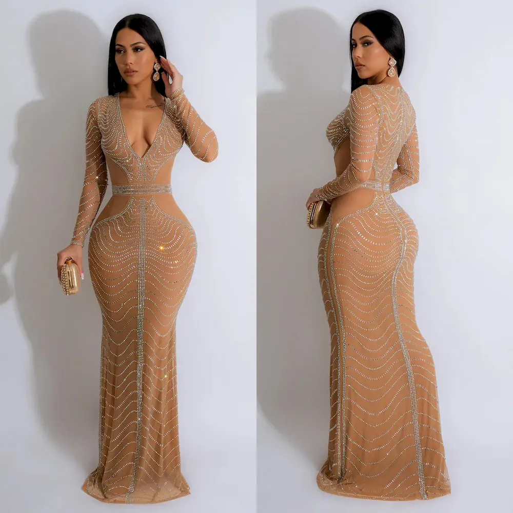 Women Fashion Sexy Deep V Mesh Hot Drilling Long Sleeve Maxi Party Dress - Image 4