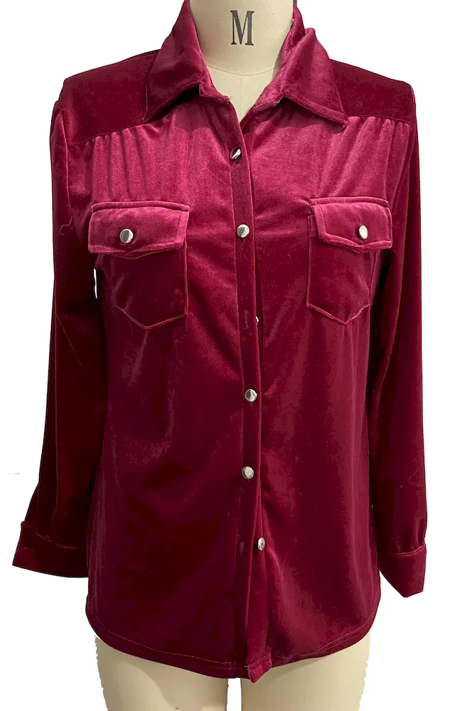 Loose Casual Vintage Gold Velvet Long Sleeve Shirt Women Western Blouse - Image 3