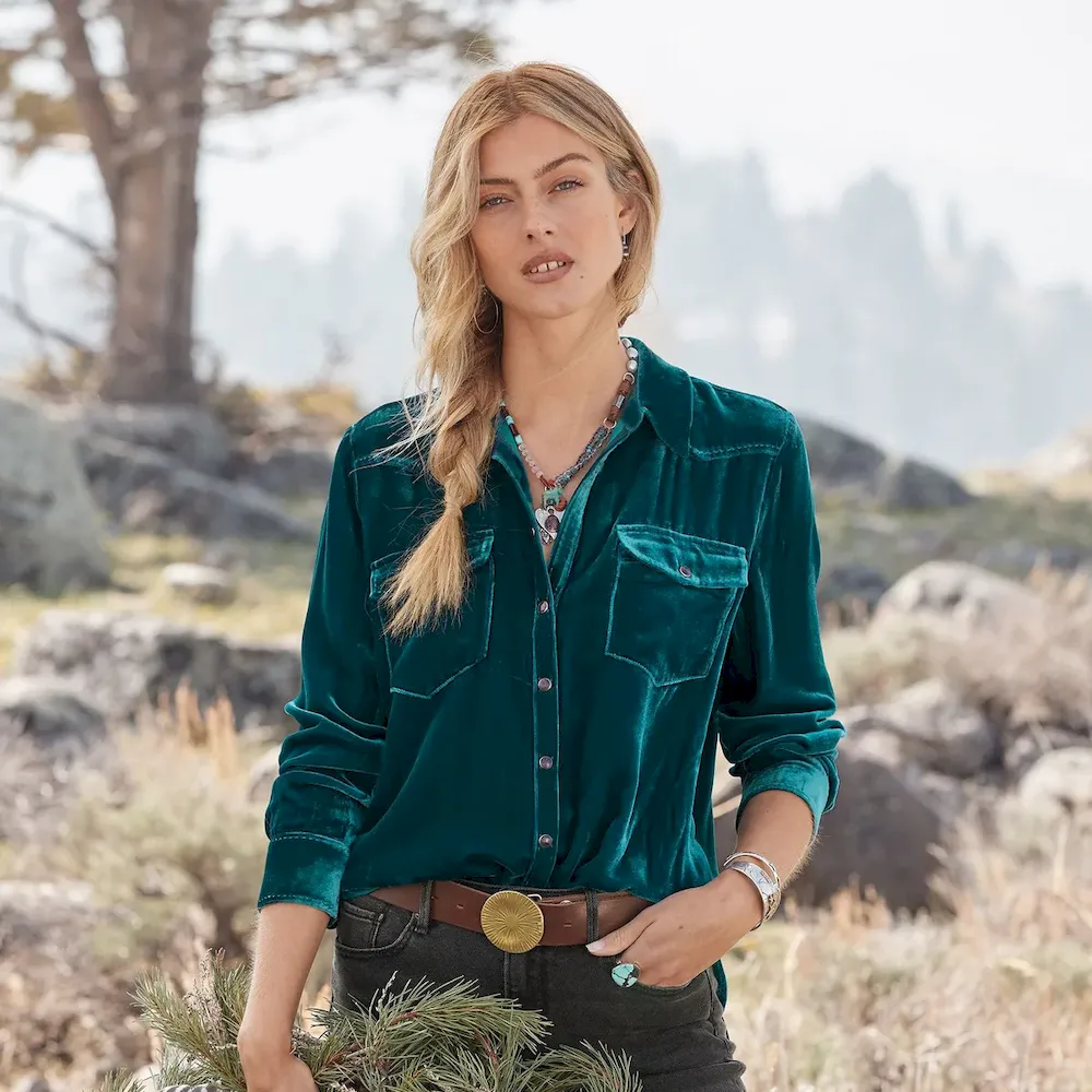 Loose Casual Vintage Gold Velvet Long Sleeve Shirt Women Western Blouse - Image 7