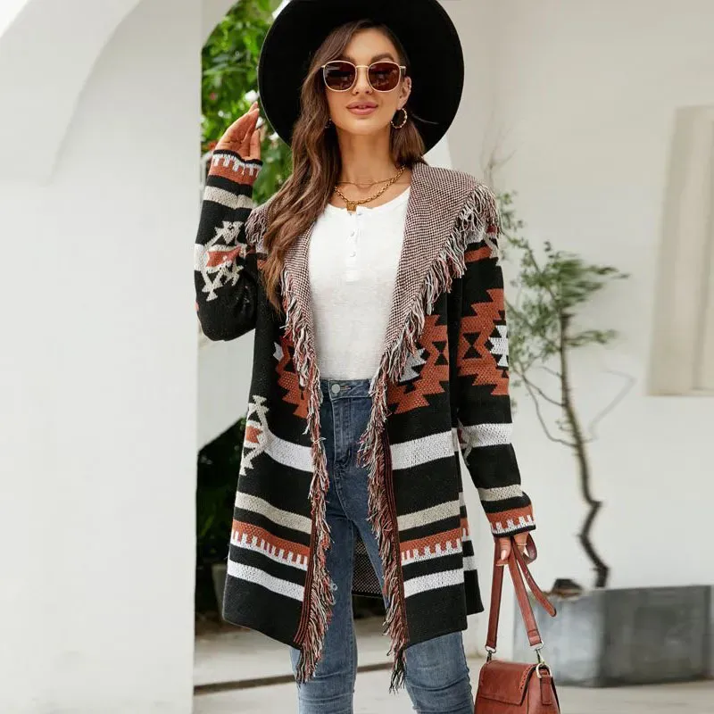 Western Vintage Women Autumn And Winter Loose Hooded Long Sweater Coat Tassel Geometric Jacquard Sweater Cardigan