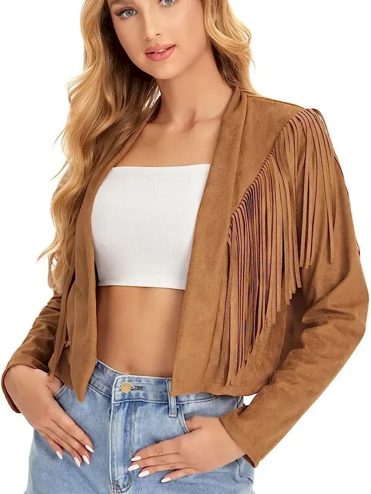 Autumn Fringed Suede Jacket Women Solid Color Lapel Short Slim-Fit Western Tassel Coat